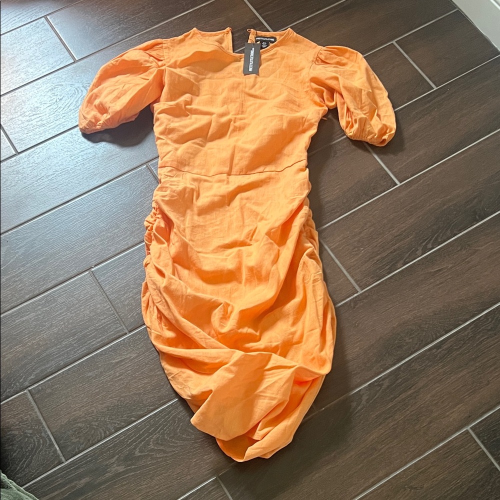 PrettyLittleThing Orange Ruched Puff Sleeve Sheath Dress